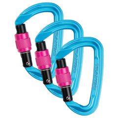 Trango Superfly EVO screwlock carabiner in cyan and pink for smooth clipping and secure belays