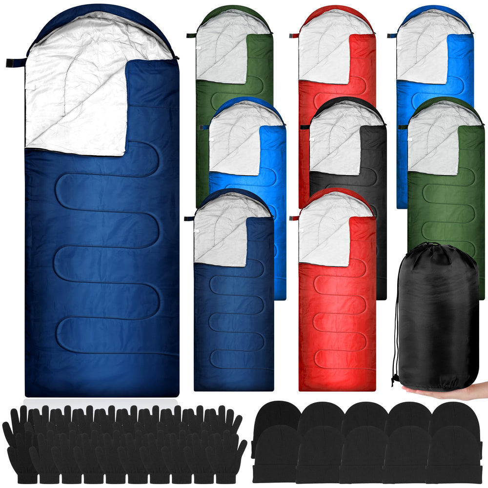 Tranqun bulk sleeping bags in colorful packaging for communal relief drives.