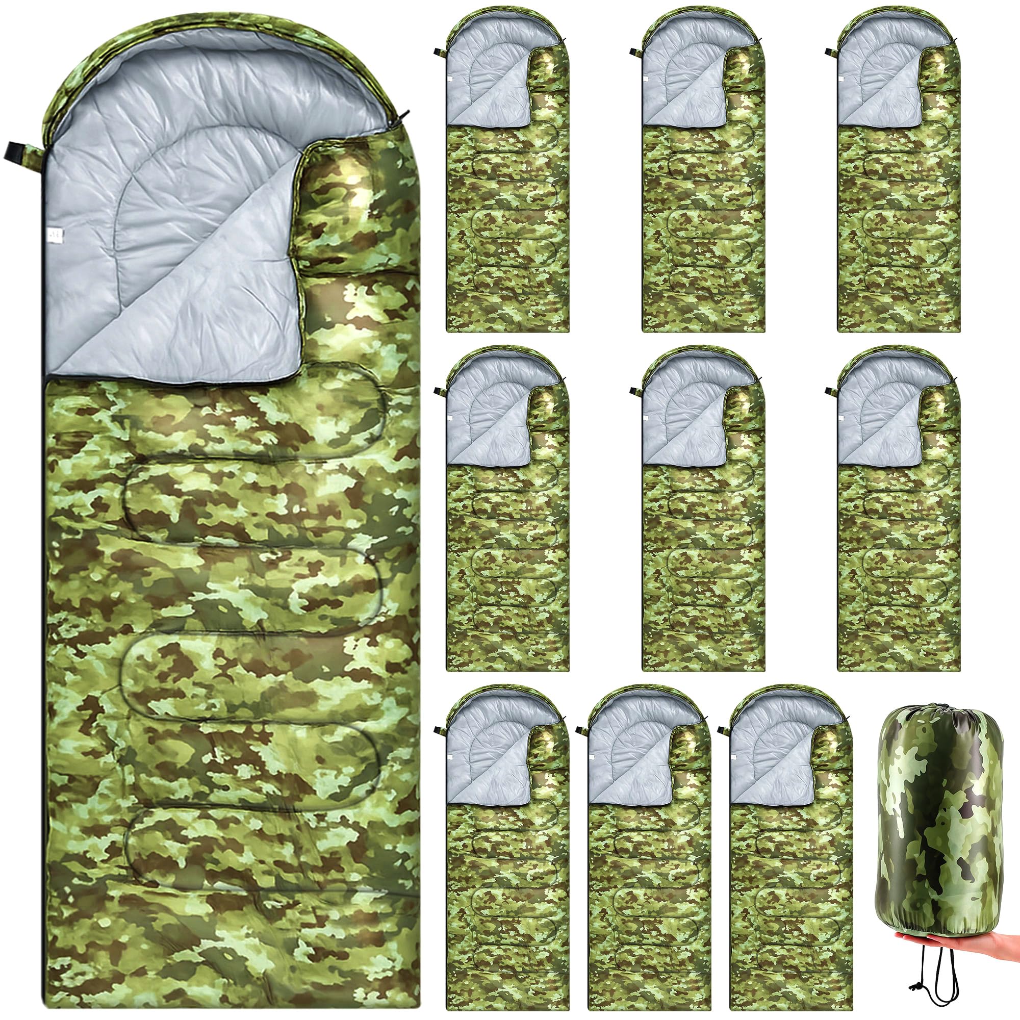 Tranqun camouflage sleeping bag bulk pack laid flat for camping and charity use.