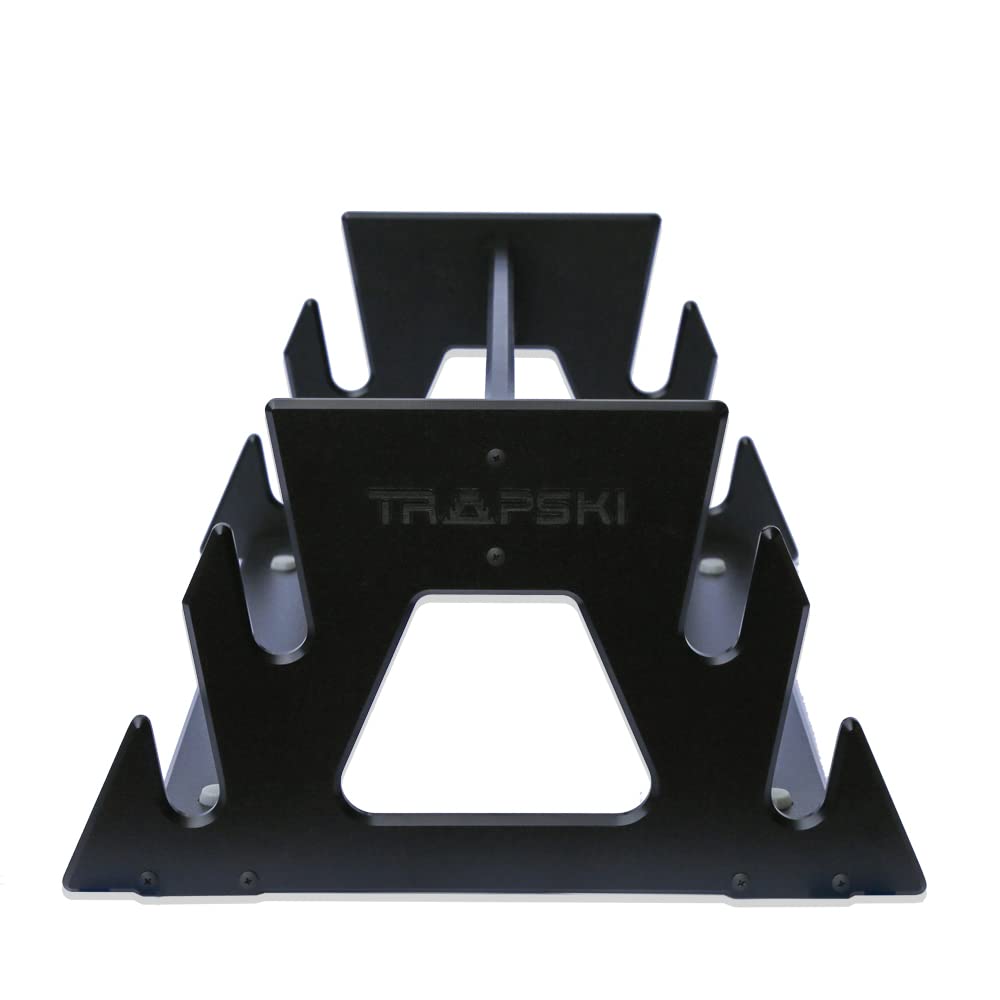 TRAPSKI Racing Series four-ski rack in organized home storage setup