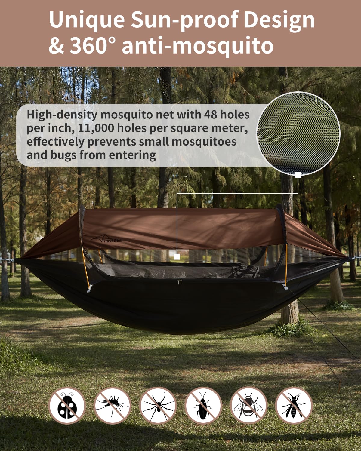 Travel Bird 440lb capacity hammock-tent supports two adults or kids