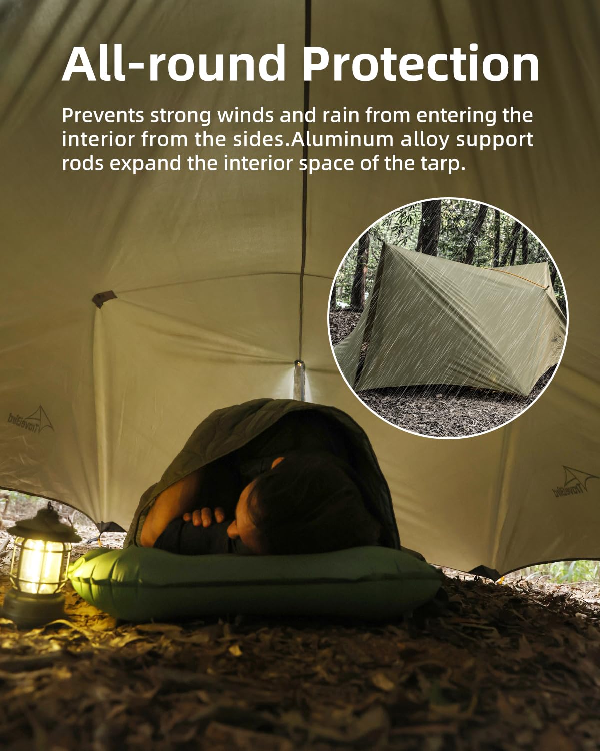 Travel Bird Ultralight Tarp all-weather protection adapts to tree or standalone use.