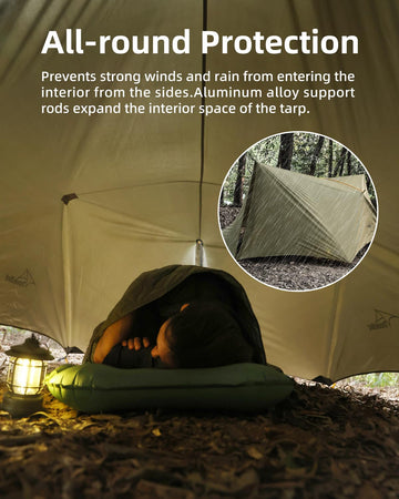 Travel Bird Ultralight Tarp all-weather protection adapts to tree or standalone use.