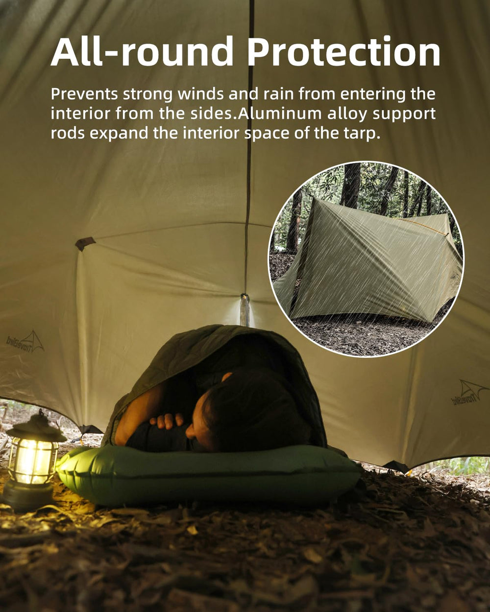 Travel Bird Ultralight Tarp all-weather protection adapts to tree or standalone use.
