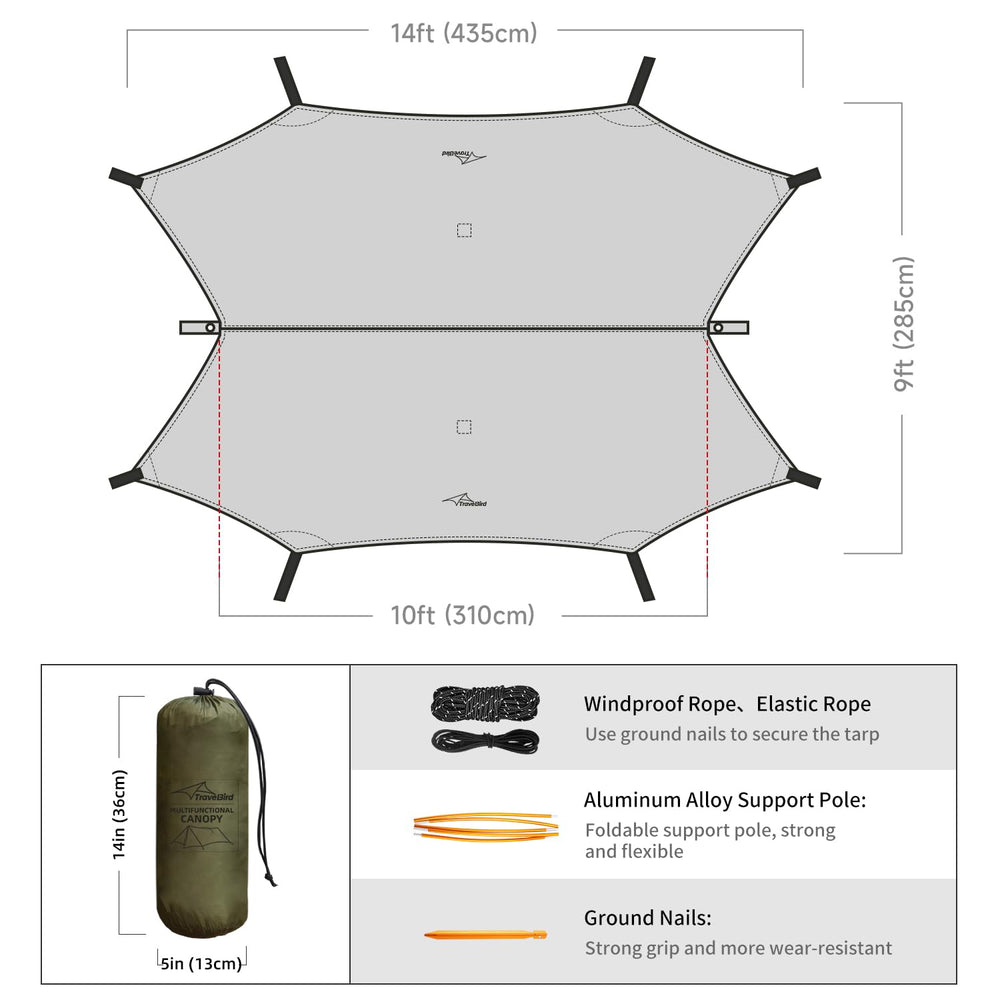 Travel Bird Ultralight Tarp aluminum poles extend quickly for spacious, knot-free setup.