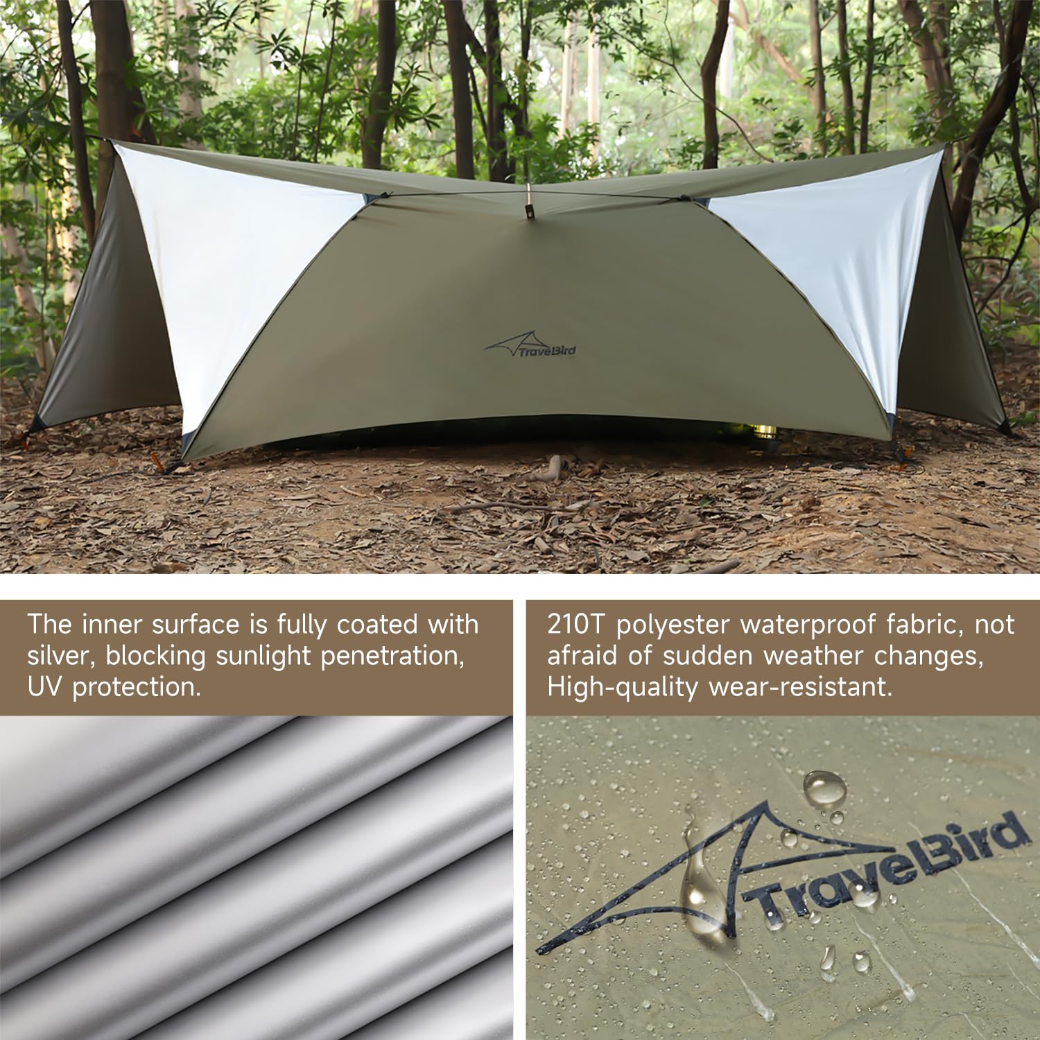 Travel Bird Ultralight Tarp weighs 2.1 lbs for backpack-friendly carry.
