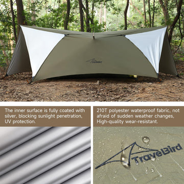 Travel Bird Ultralight Tarp weighs 2.1 lbs for backpack-friendly carry.