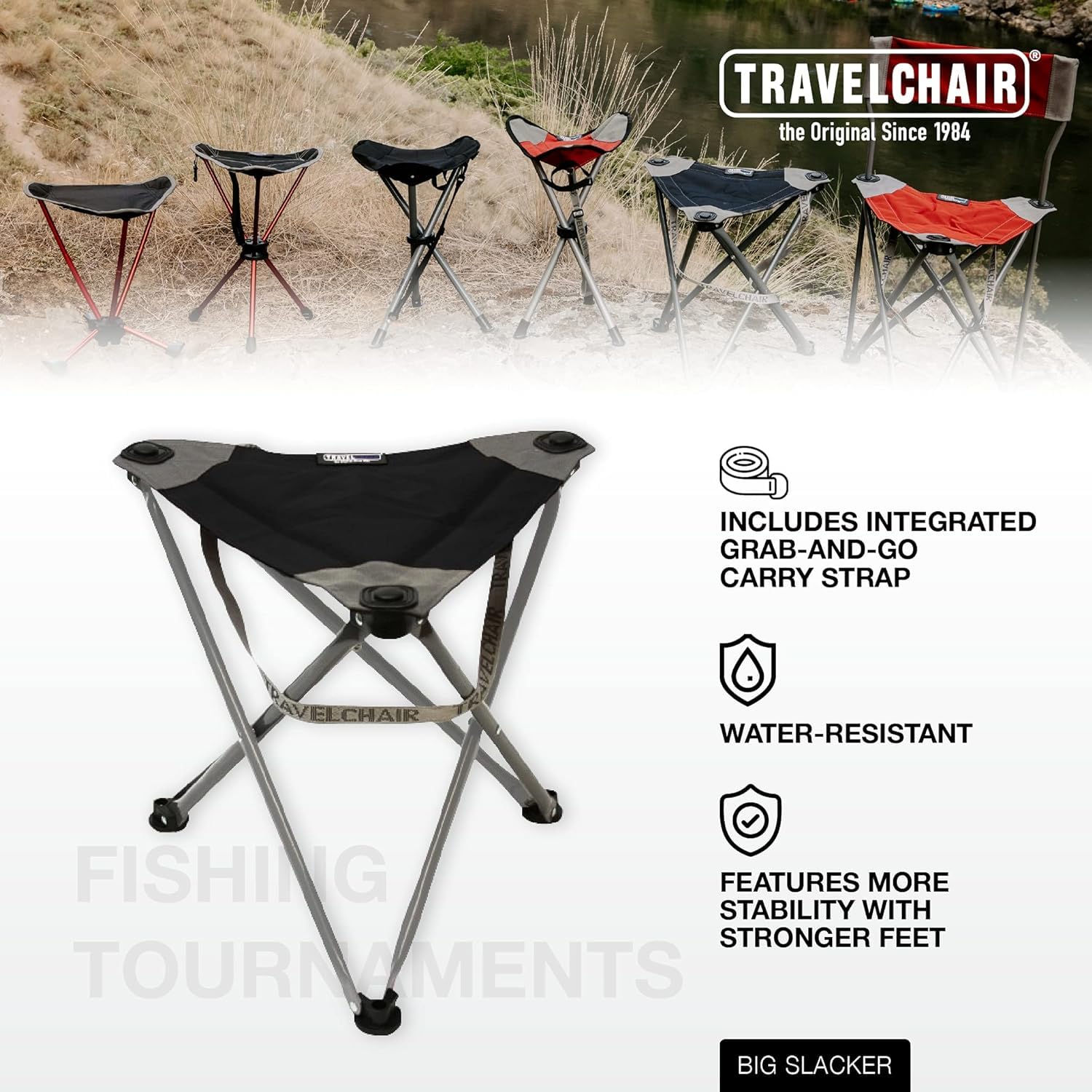 Travel Chair Big Slacker Stool with carry strap for easy transport.