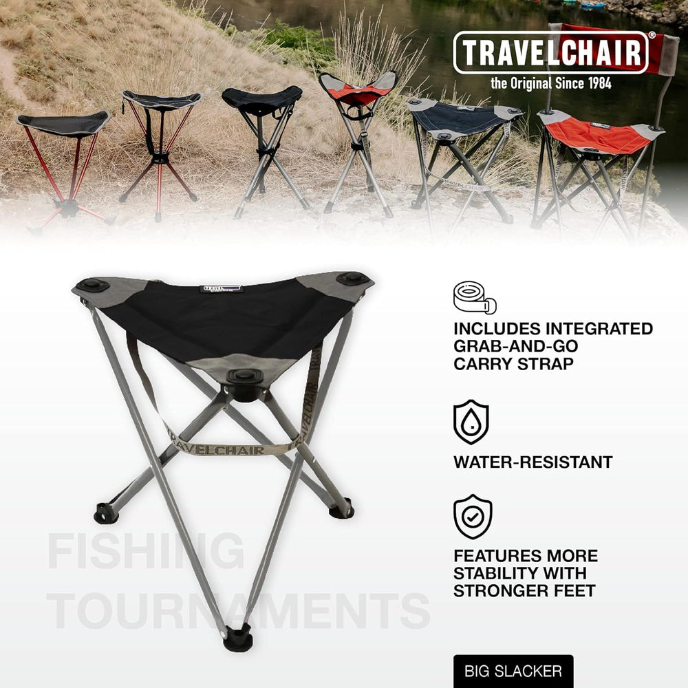 Travel Chair Big Slacker Stool with carry strap for easy transport.