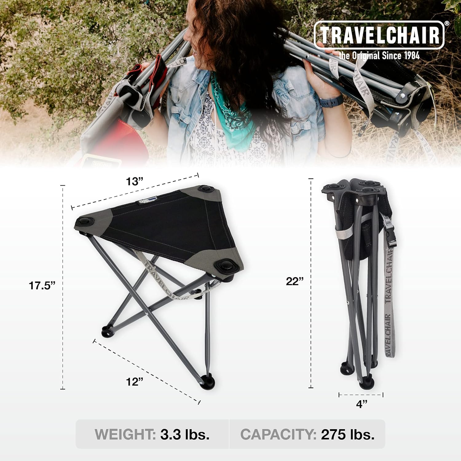 Travel Chair Big Slacker Stool on a hike offers lightweight comfort.