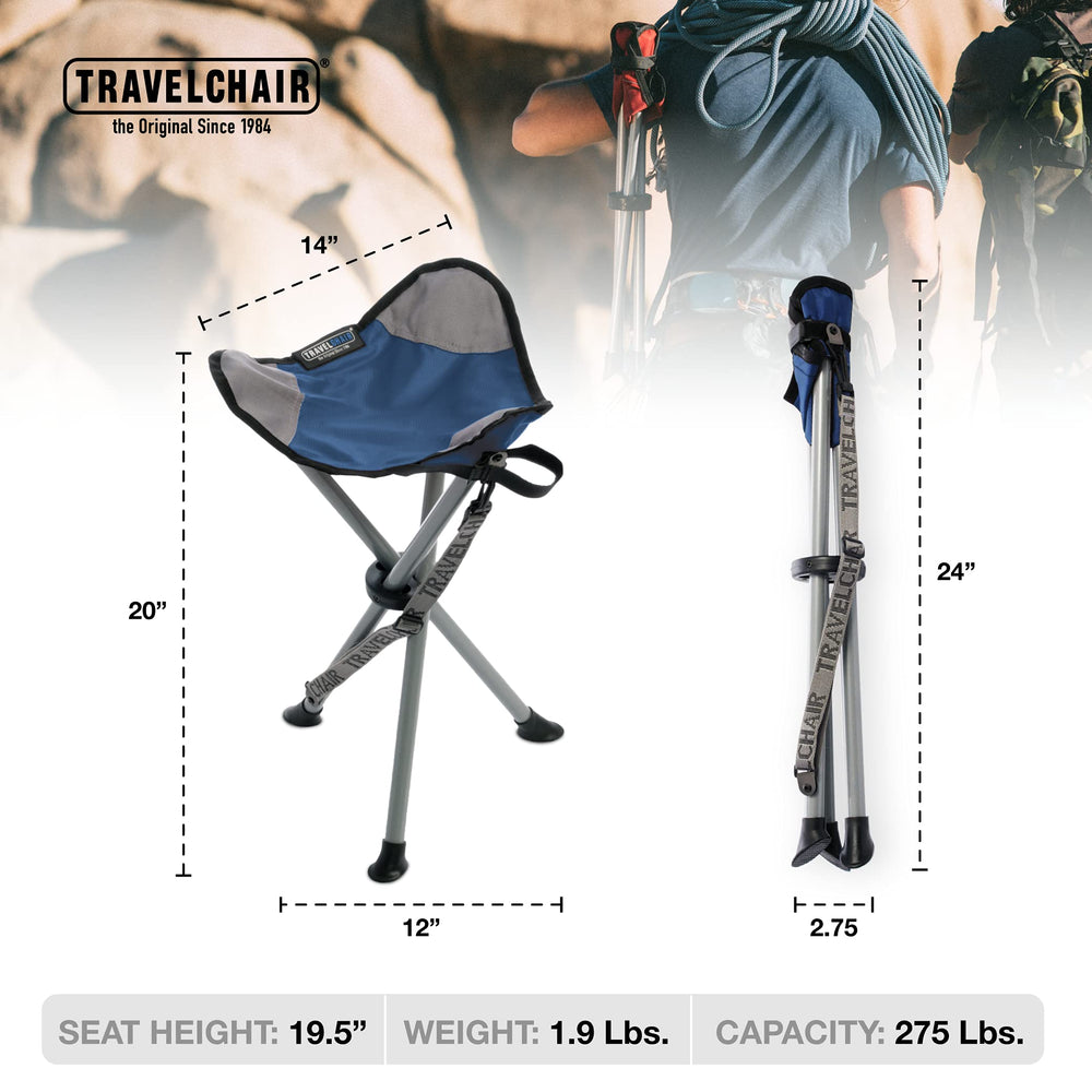 Travel Chair Slacker blue with carry strap simplifies transport between stops
