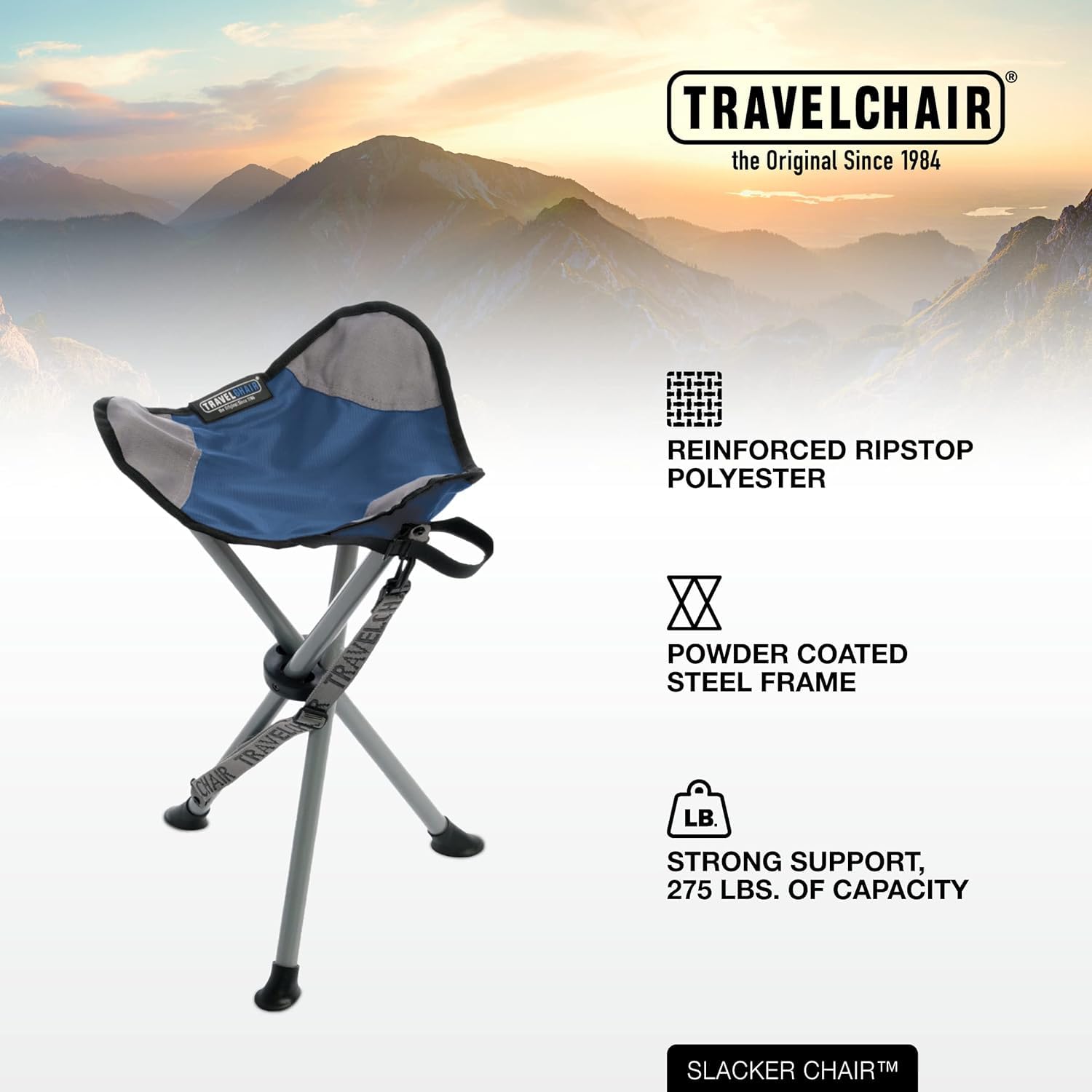 Duck feet on Travel Chair Slacker blue for improved stability on uneven ground