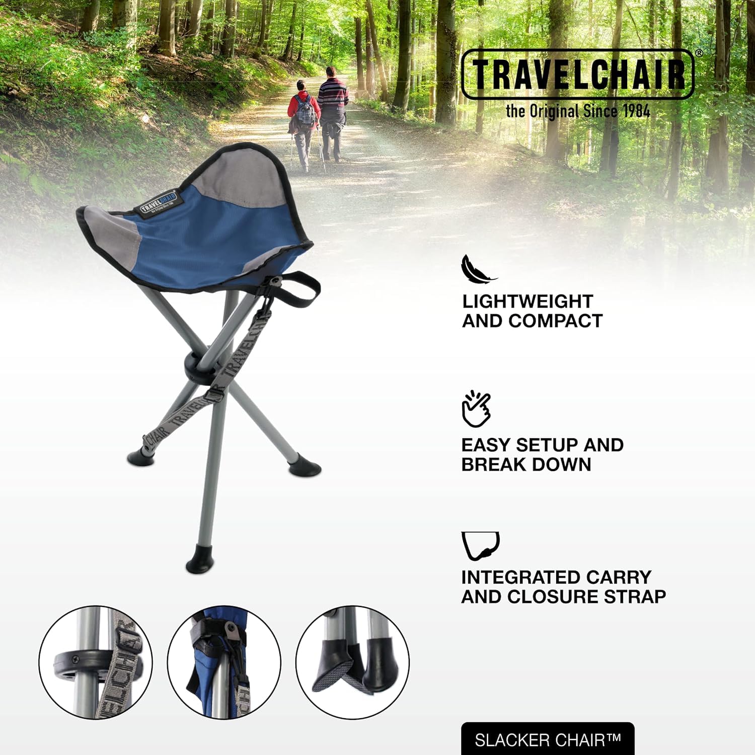 Closeup of Travel Chair Slacker blue metal frame and construction details