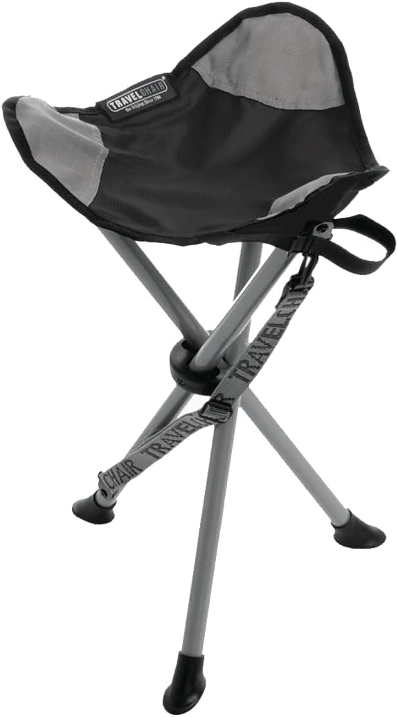 Travel Chair Slacker Tripod Chair closed for ultra-compact trail seating.