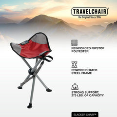 Travel Chair Slacker tripod chair with duck feet enhances stability on uneven terrain