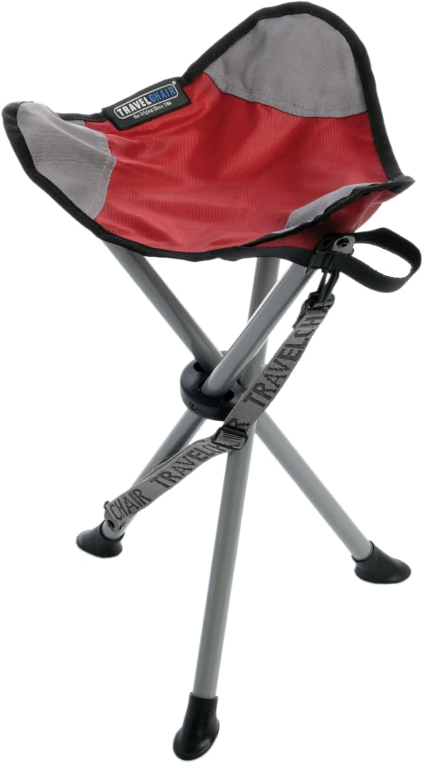Travel Chair Slacker tripod chair folded for easy transport during camping trips