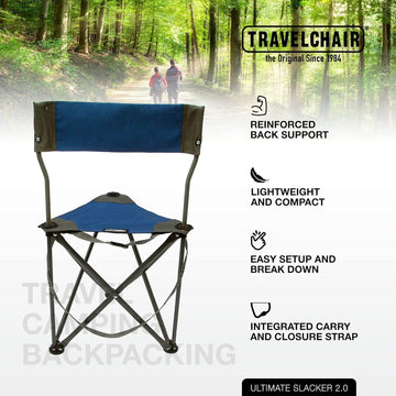 Travel Chair Ultimate Slacker stable feet and Ripstop fabric for durability.