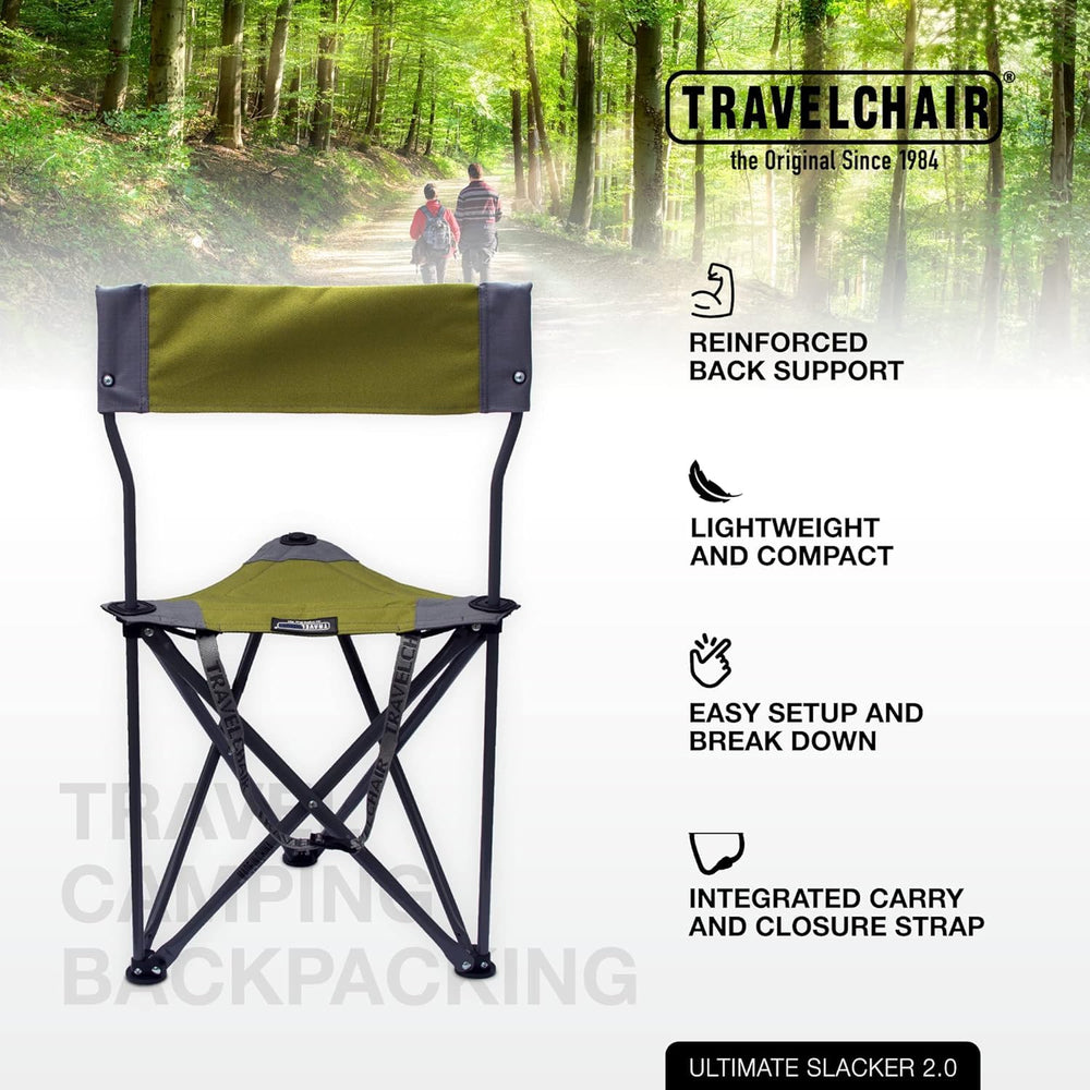 Travel Chair Ultimate Slacker stable-tripod-legs demonstrates sturdy outdoor seating.