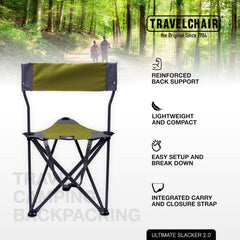Travel Chair Ultimate Slacker stable-tripod-legs demonstrates sturdy outdoor seating.