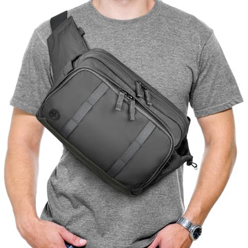 Travel Inspira tactical fanny pack side view shows compact storage and accessible pockets