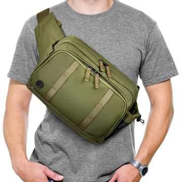 Travel Inspira tactical fanny pack side view highlighting water bottle holder convenience.