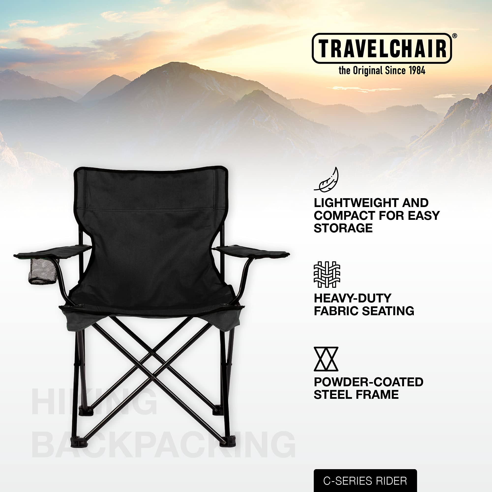 TravelChair C-Series Rider 300-pound capacity supports sturdy outdoor seating.