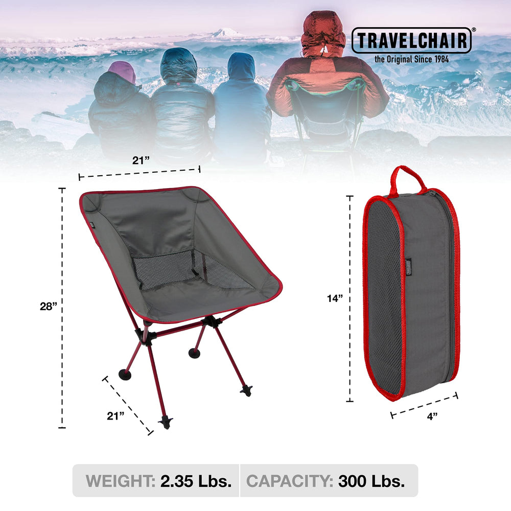 Travel Chair Joey Chair angled view highlights stable aluminum frame and comfort.
