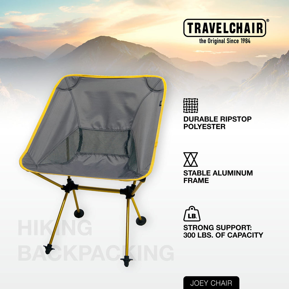 Travel Chair Joey in use at campsite, quick, comfortable seating.