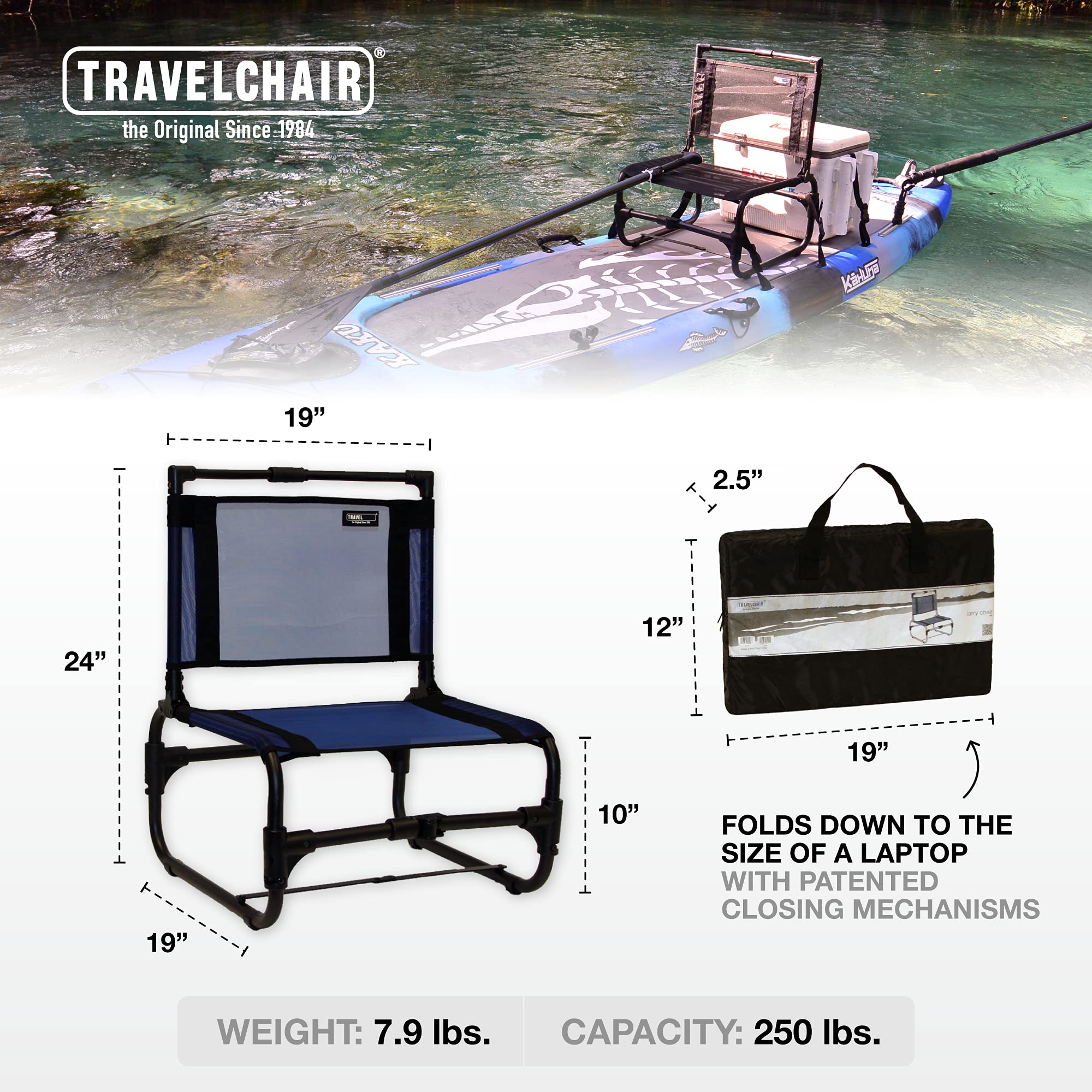 TravelChair Larry Chair blue folded compact demonstration for easy transport