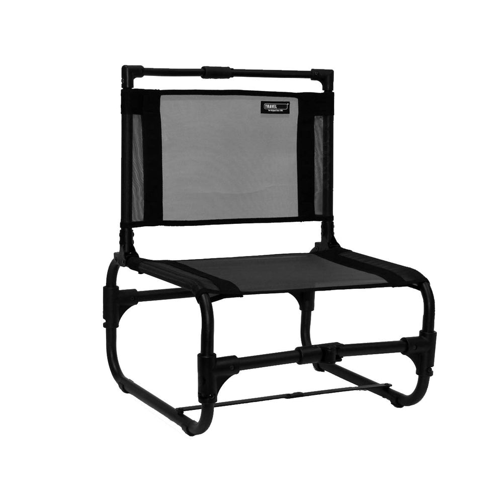 Travel Chair Larry Chair low seating on a sunny beach with comfortable support