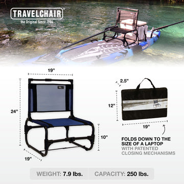 Travel Chair Larry Chair camping setup with backrest for comfort.