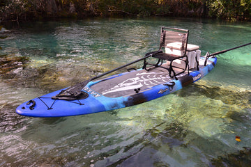 Travel Chair Larry Chair on paddleboard, compact and dry.