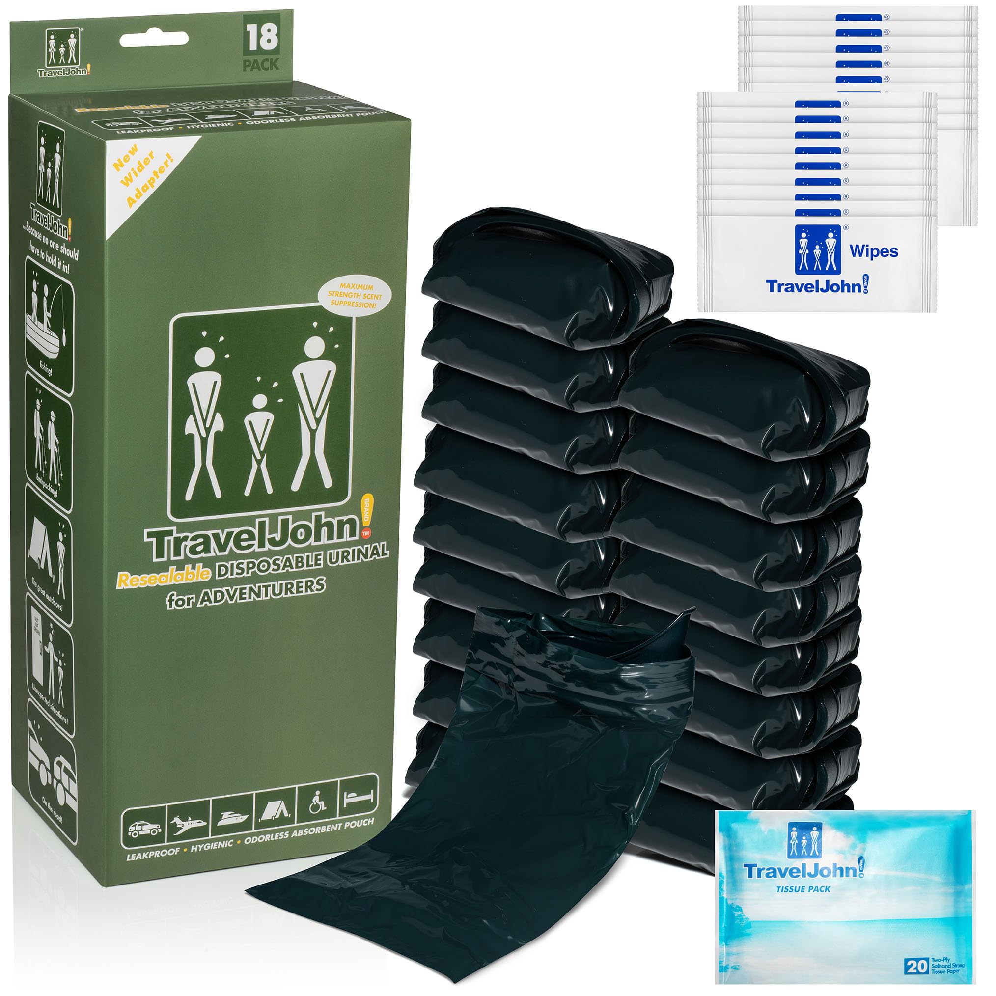 TravelJohn Adventurer double-pouch for odor masking and mess prevention.