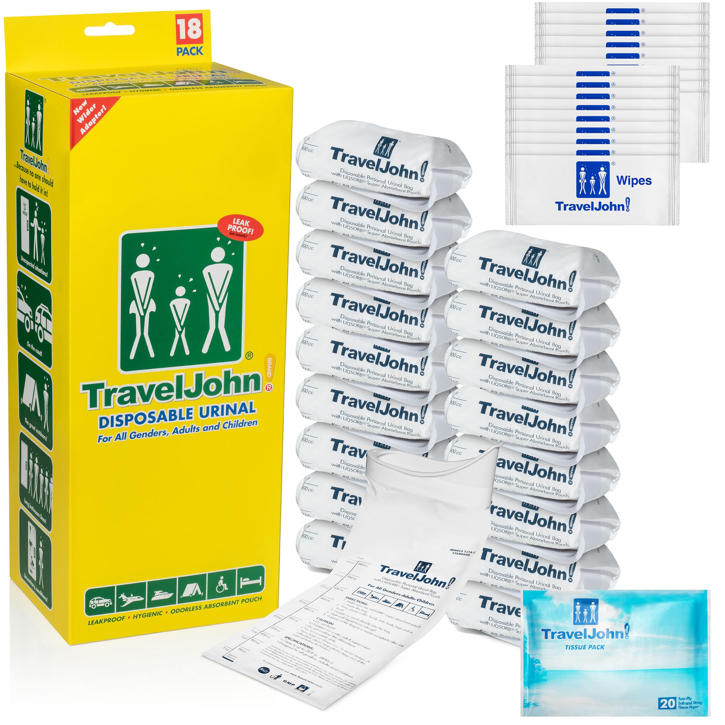 TravelJohn disposable-urinal-bags-28oz front-pack image for road-trip convenience and quick relief.