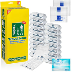 TravelJohn disposable-urinal-bags-28oz front-pack image for road-trip convenience and quick relief.