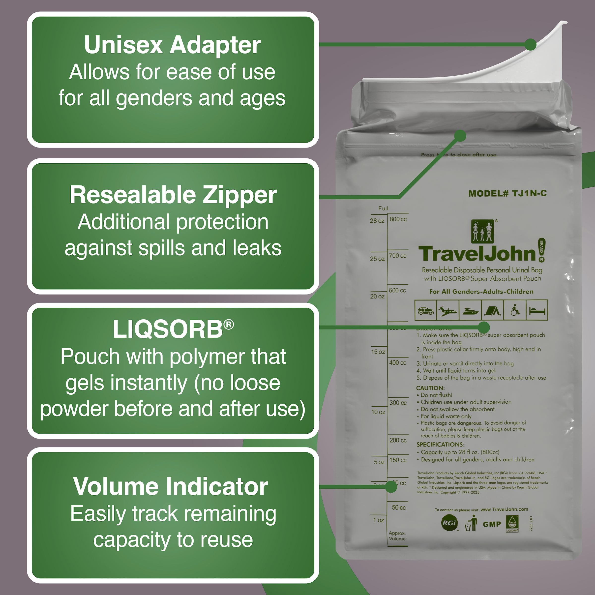 TravelJohn odorless urinal bag illustrates mess-free travel with no smells.