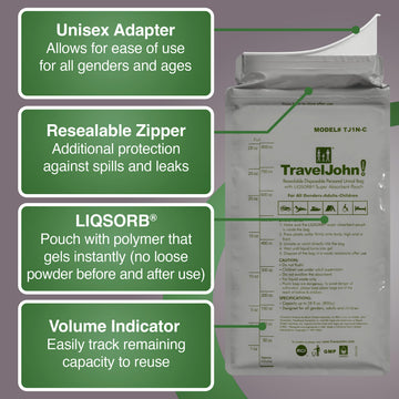 TravelJohn odorless urinal bag illustrates mess-free travel with no smells.