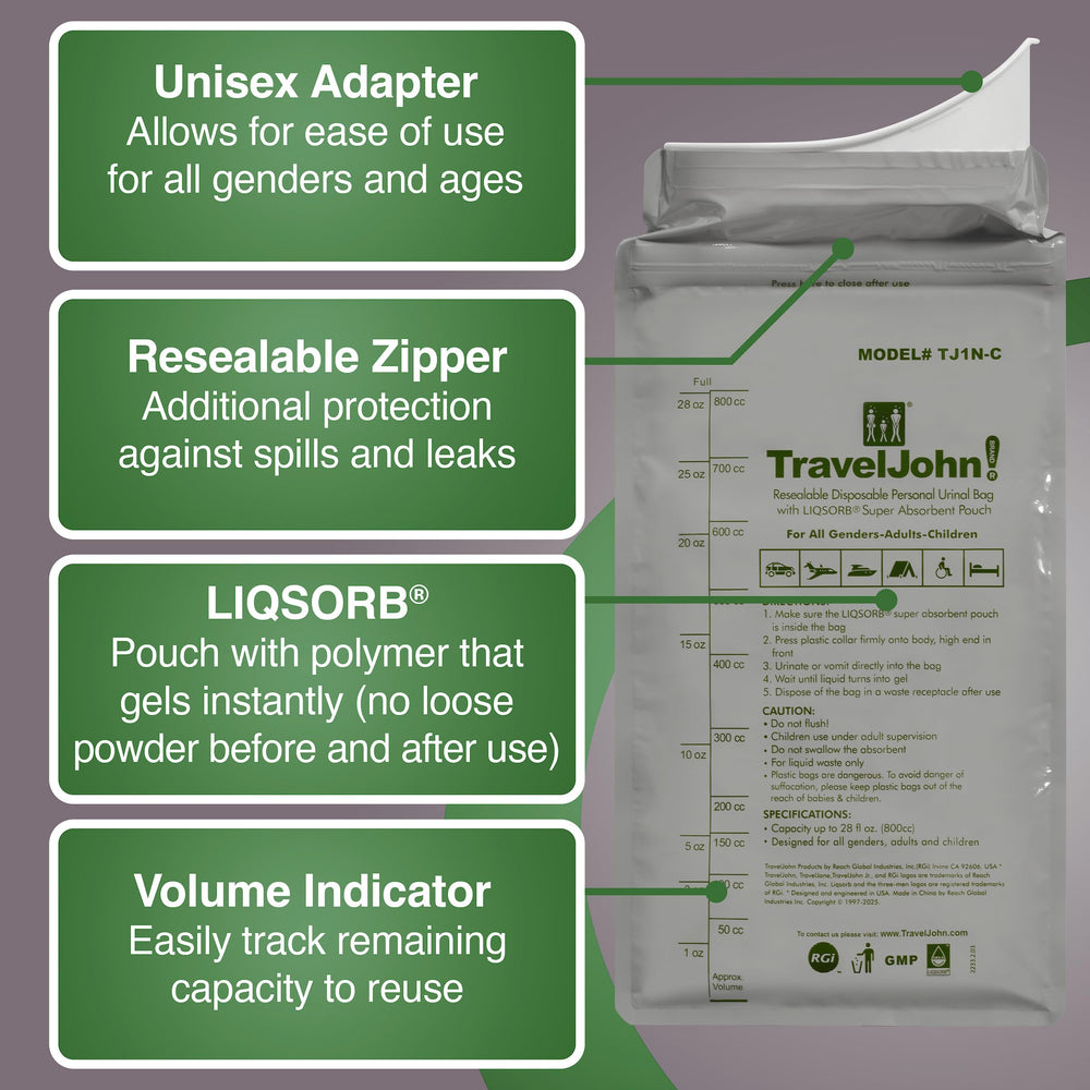 TravelJohn odorless urinal bag illustrates mess-free travel with no smells.