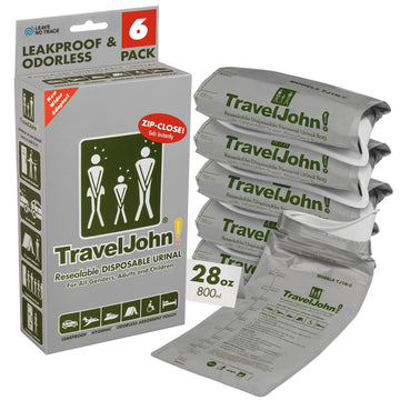 TravelJohn resealable urinal bags highlight 28oz capacity for mess-free travel.