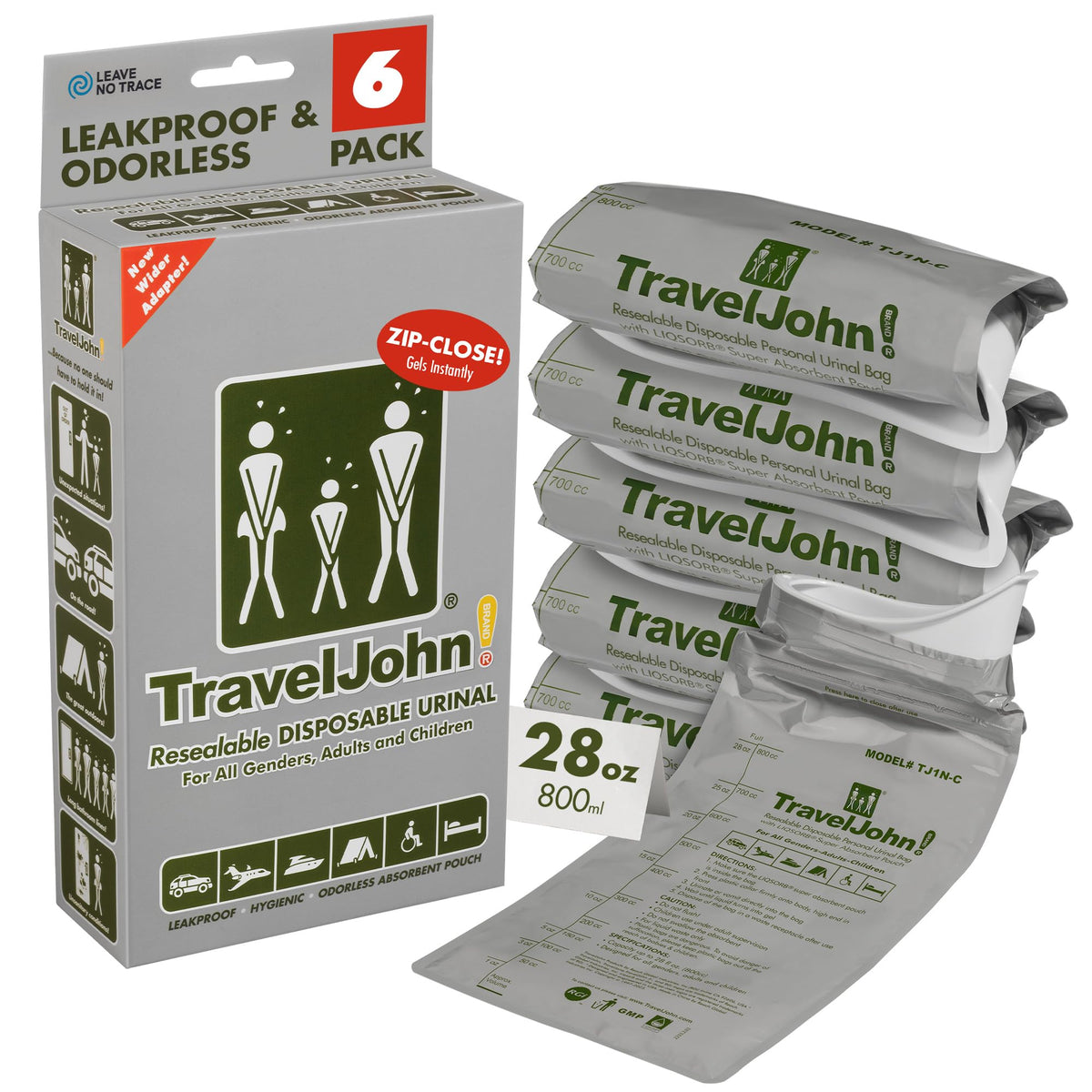 TravelJohn resealable urinal bags highlight 28oz capacity for mess-free travel.