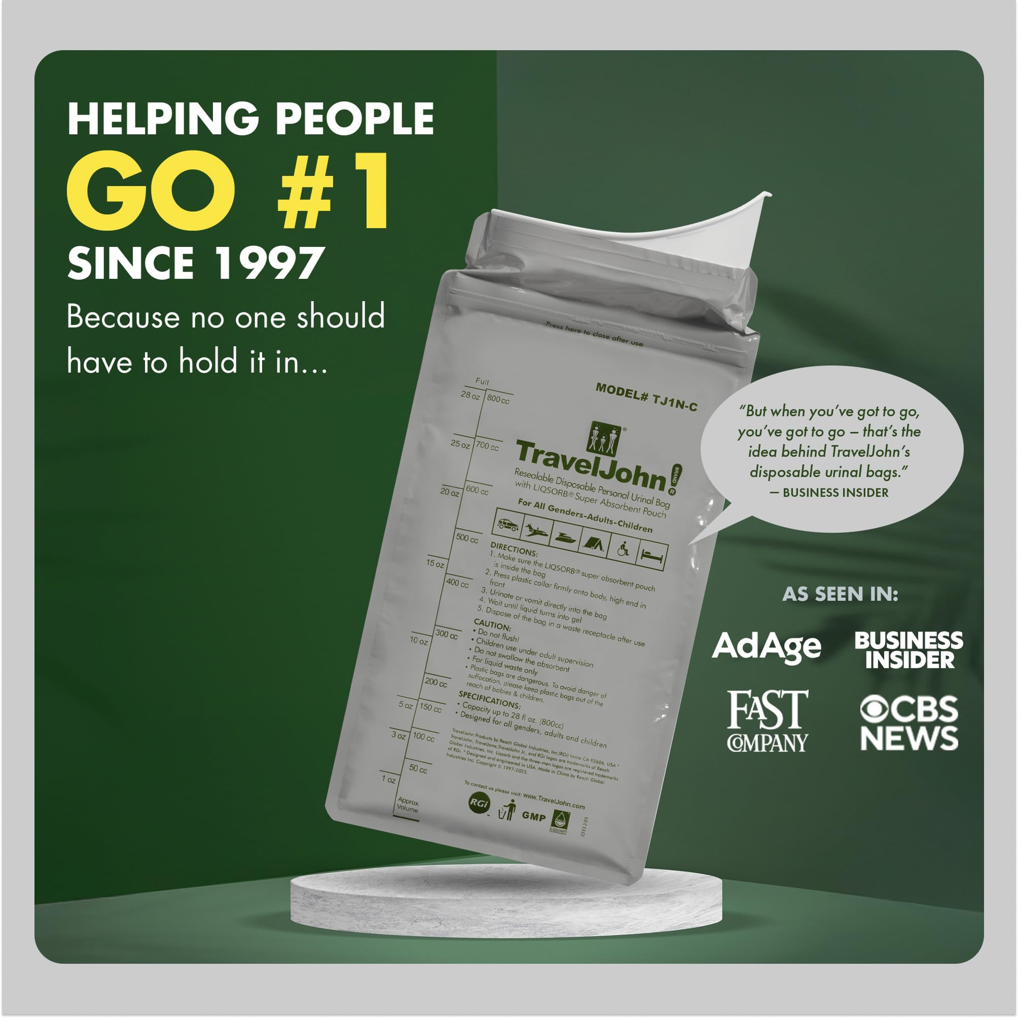TravelJohn trusted since 1997 urinal bags for reliable on-the-go relief.