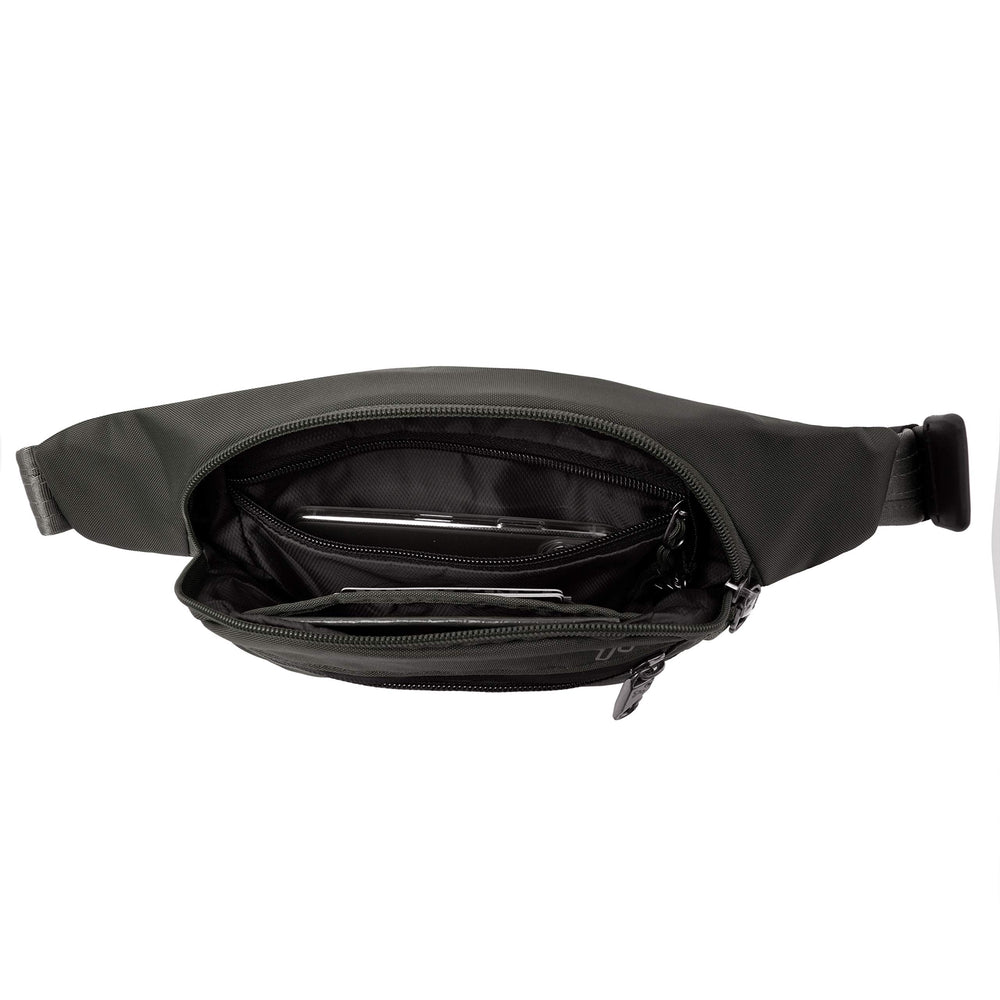 Travelon Anti-Theft Active Waist Pack main compartment featuring RFID slots.