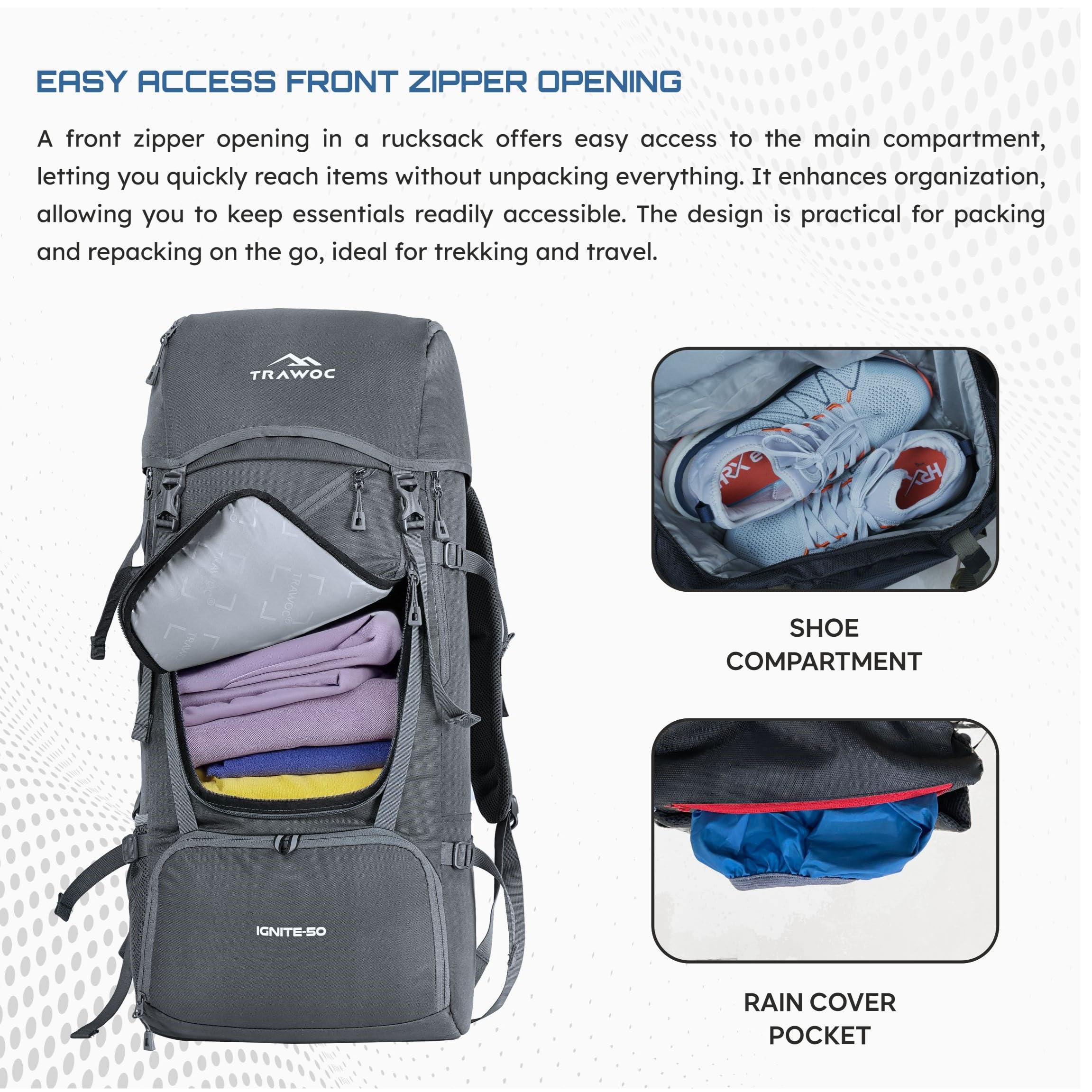 Back panel and shoulder straps of TRAWOC IGNITE 50L Grey Backpack