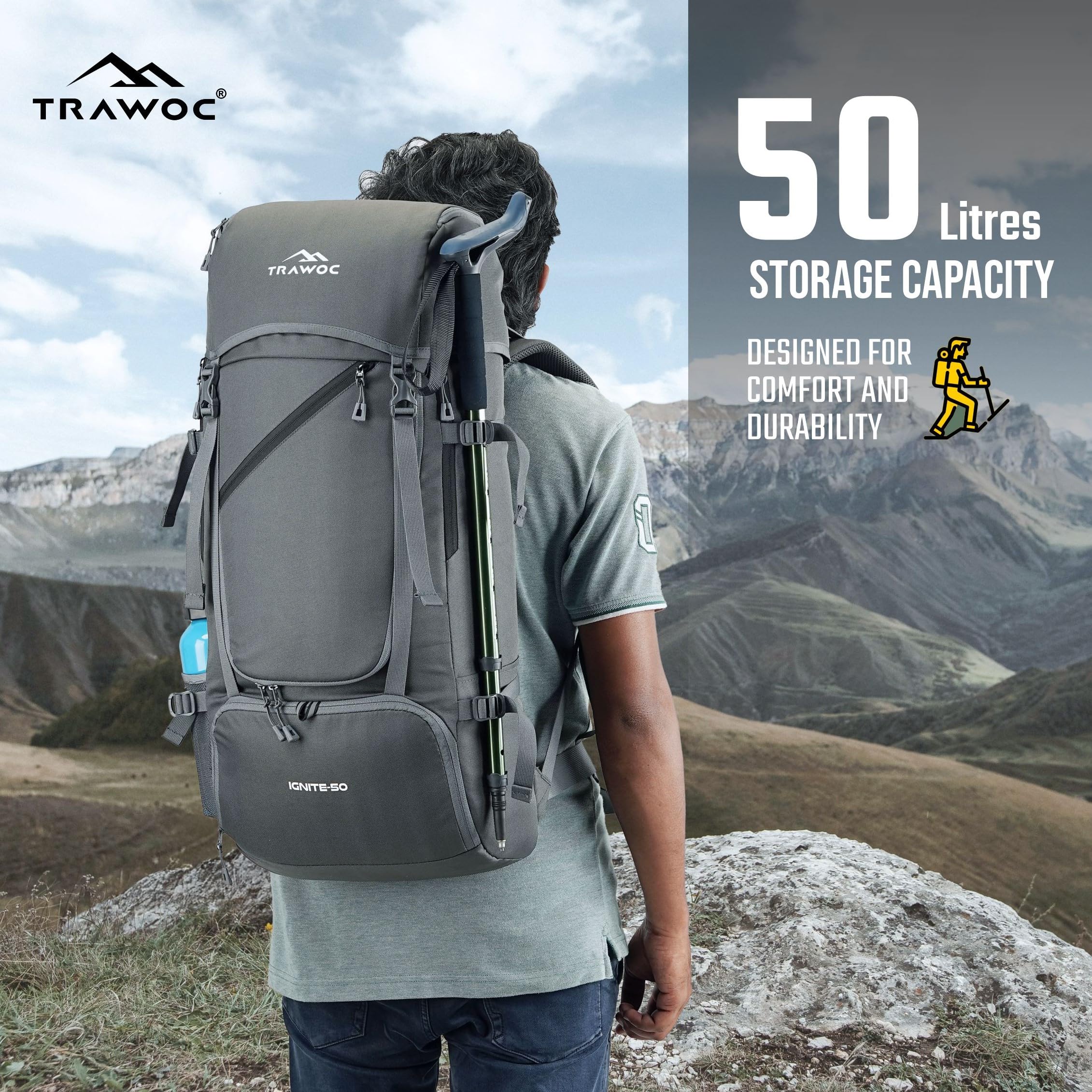 Product dimensions of TRAWOC IGNITE 50L Grey Travel Backpack