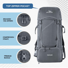 Laptop sleeve and main compartment of TRAWOC IGNITE 50L Grey Backpack