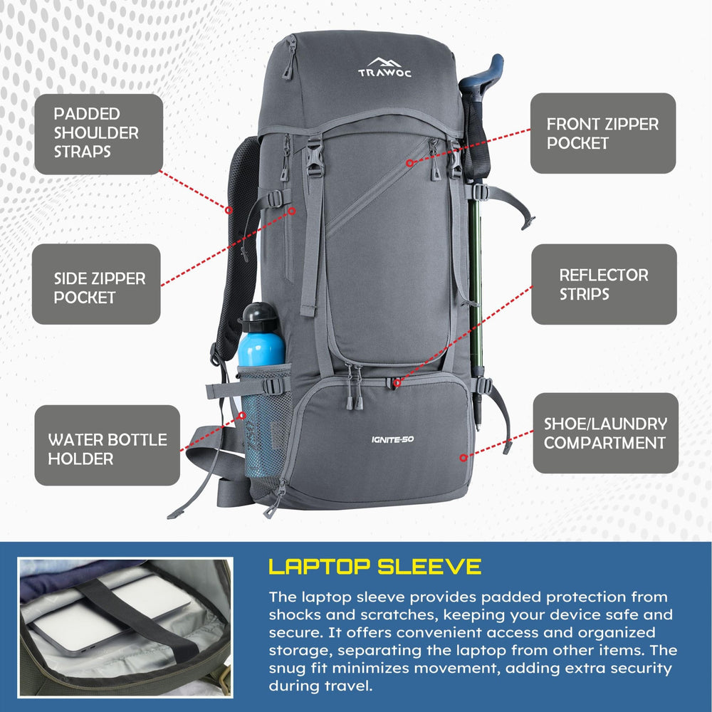 Integrated rain cover on TRAWOC IGNITE 50L Grey Backpack