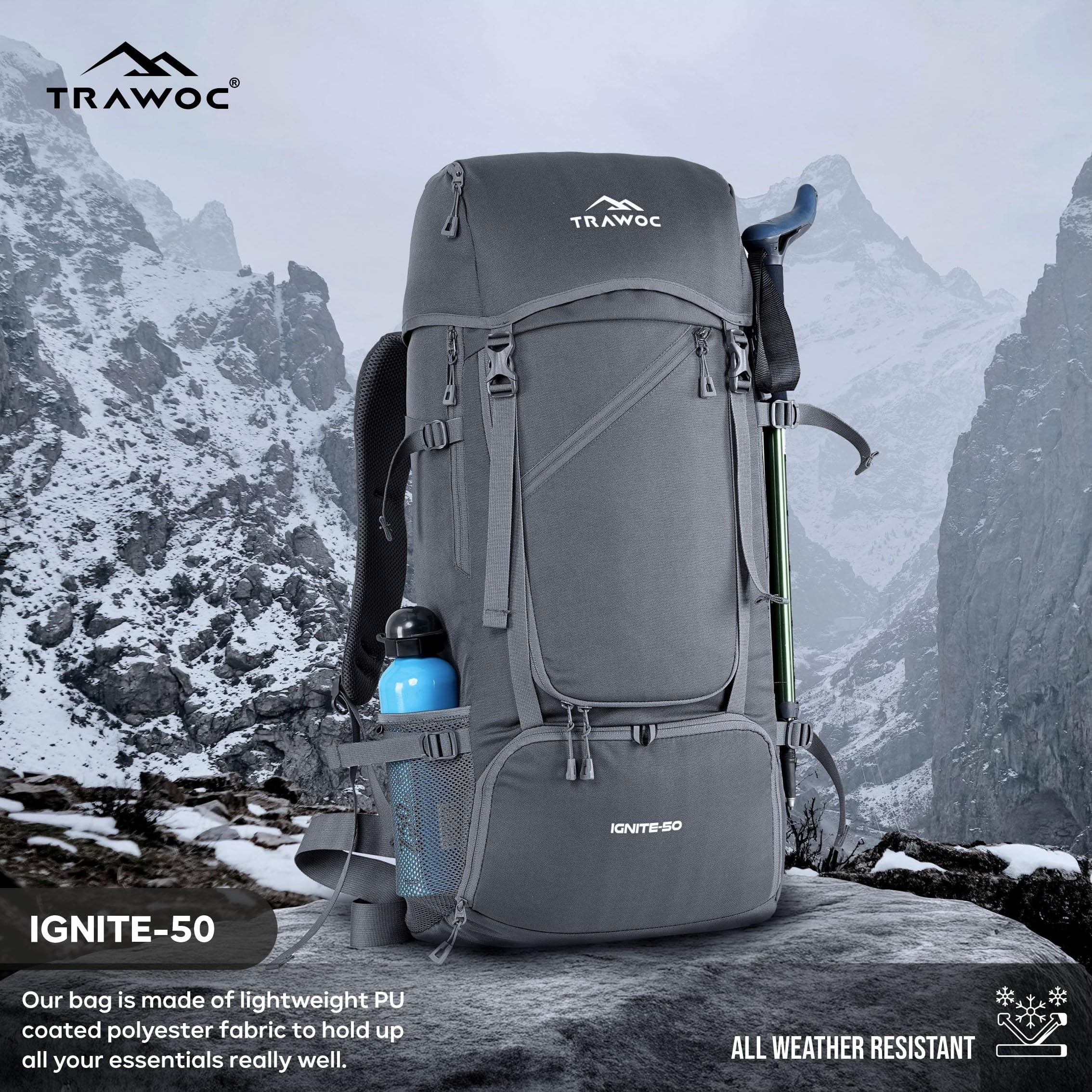 Side view of TRAWOC IGNITE 50L Grey Travel Backpack