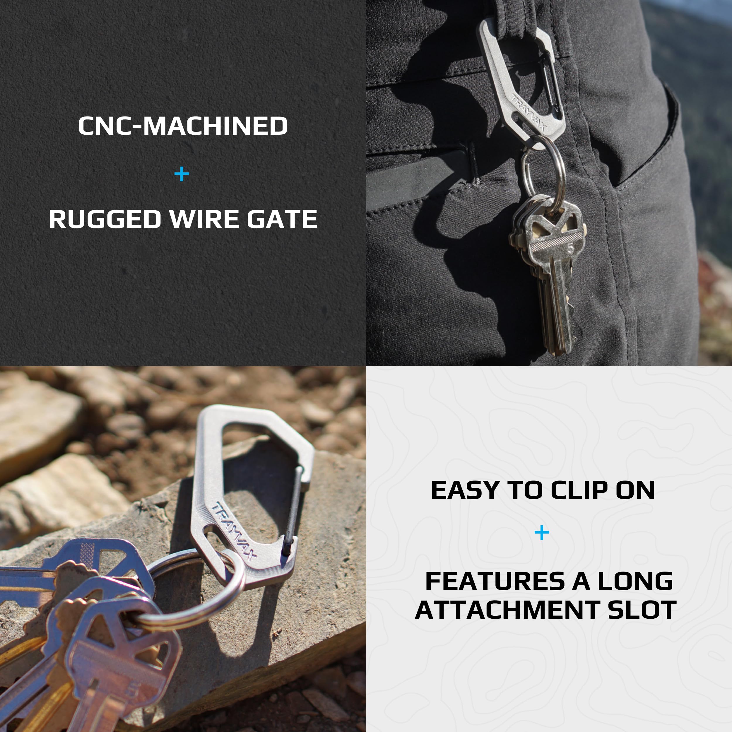 Trayvax carabiner attached to belt or pack for quick reach