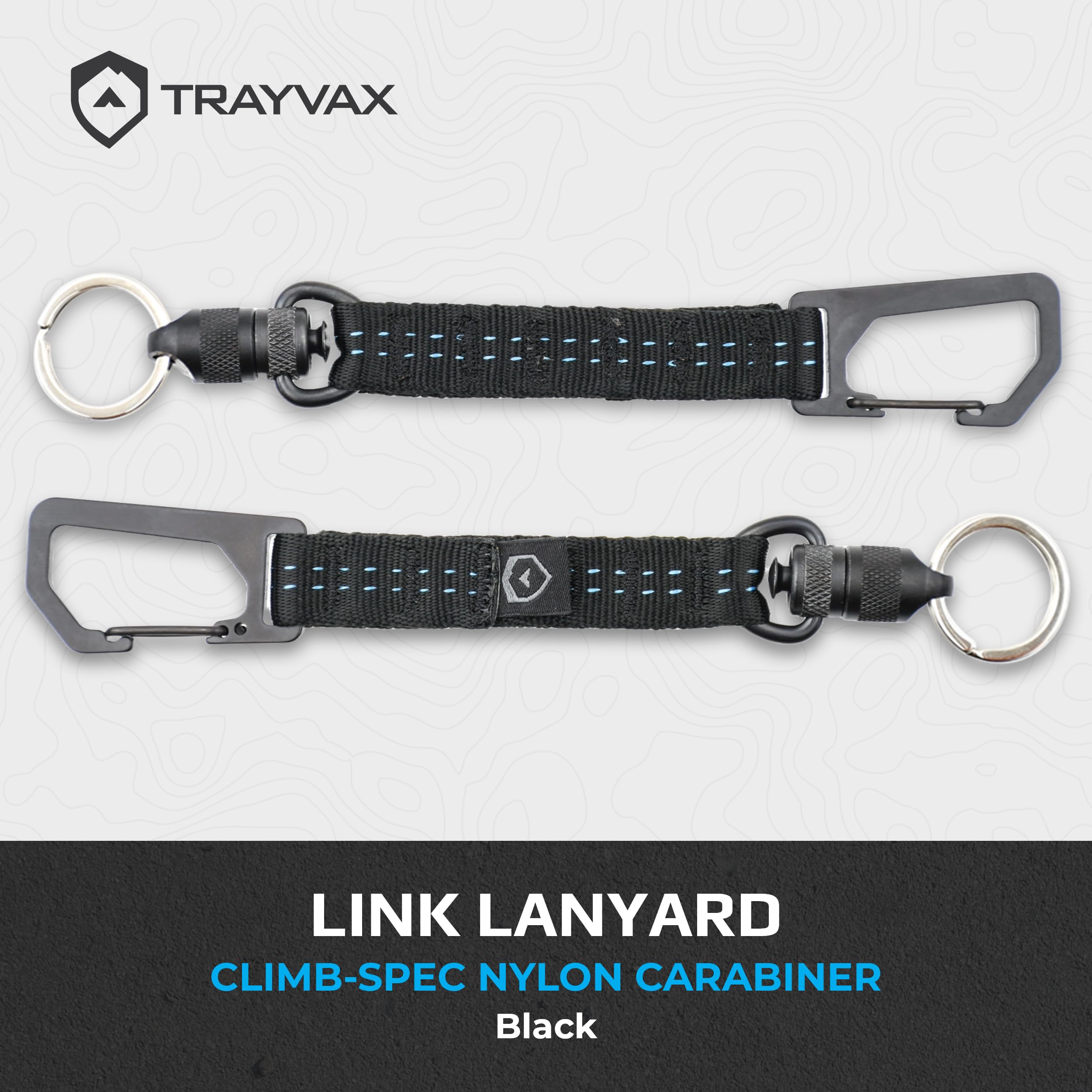 Trayvax Link Lanyard close-up highlights the stainless steel carabiner clip for secure access.
