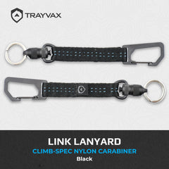 Trayvax Link Lanyard close-up highlights the stainless steel carabiner clip for secure access.